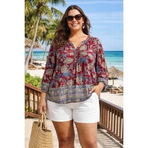 Lucky Brand 3X Boho Floral Paisley Blouse Red V Neck Flowy Peasant Top Plus